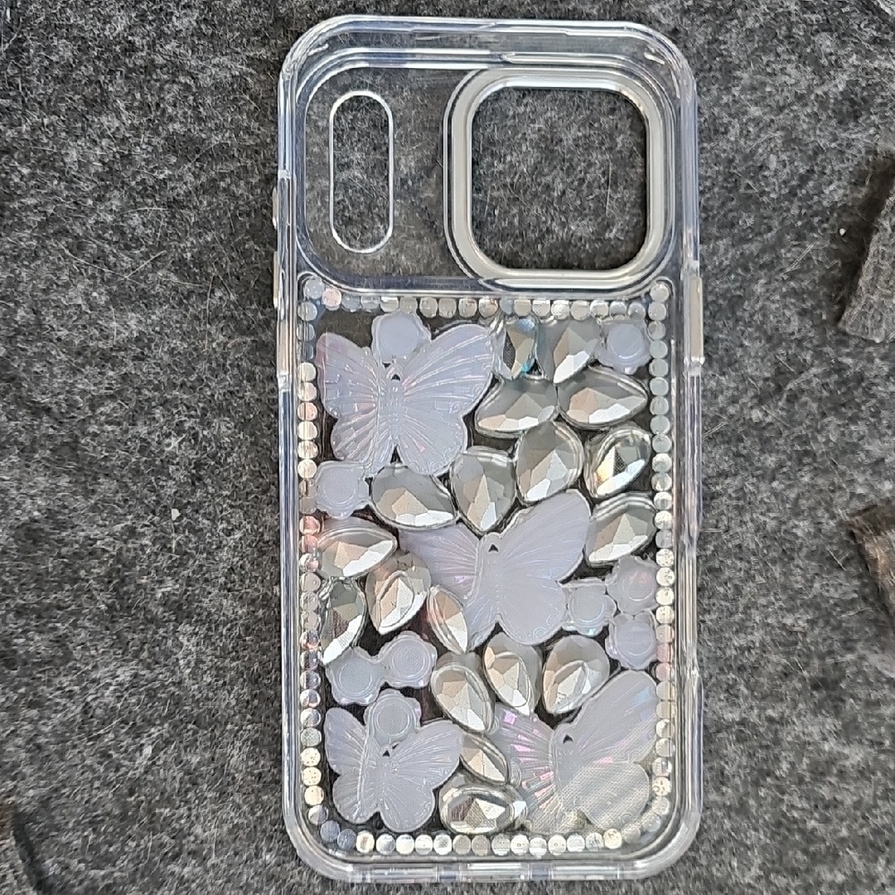 Case for iPhone 17 Pro Max - Silver Rhinestones and Butterflies